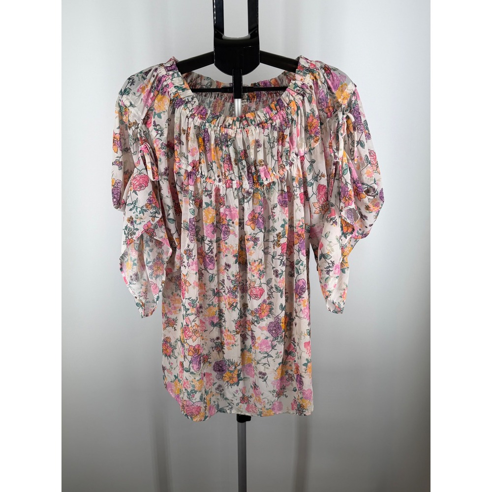 Tularosa Floral Smocked Off Shoulder Blouse Split Tie‎ Sleeve Multicolor M
